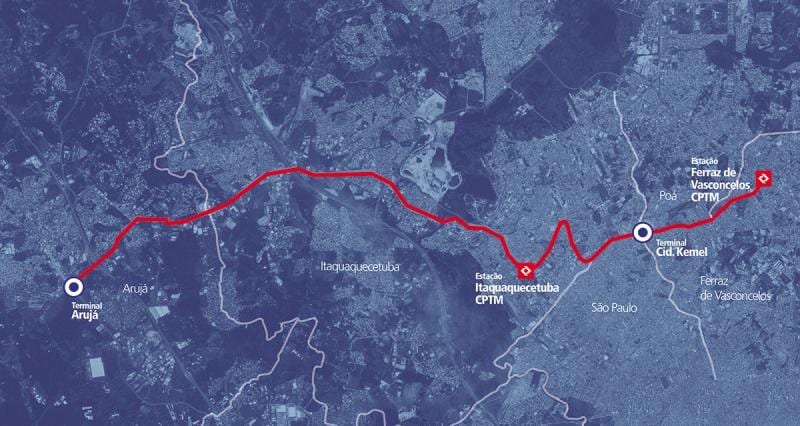 Mapa коредоре BRT metropolitano obwodzie Alto Тиете