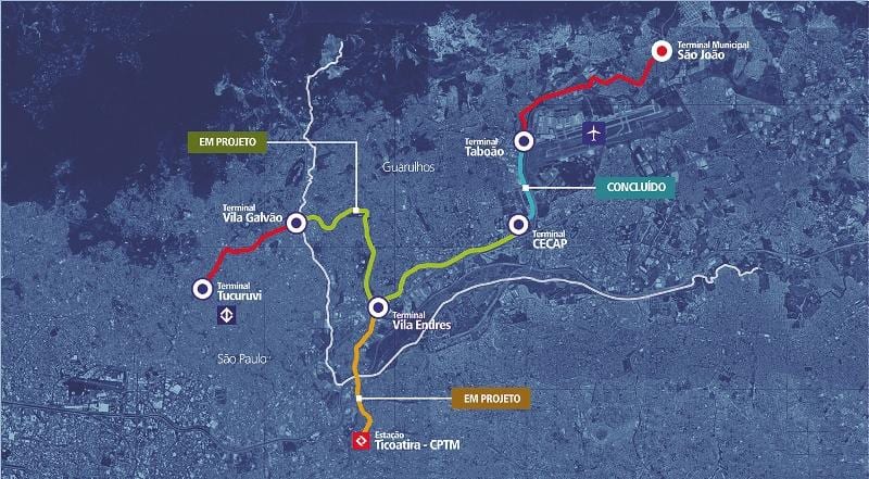 Mapa коредоре Metropolitano Guarulhos - Tucuruvi