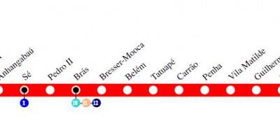 Mapa metra w Sao Paulo - linia 3 - Czerwona